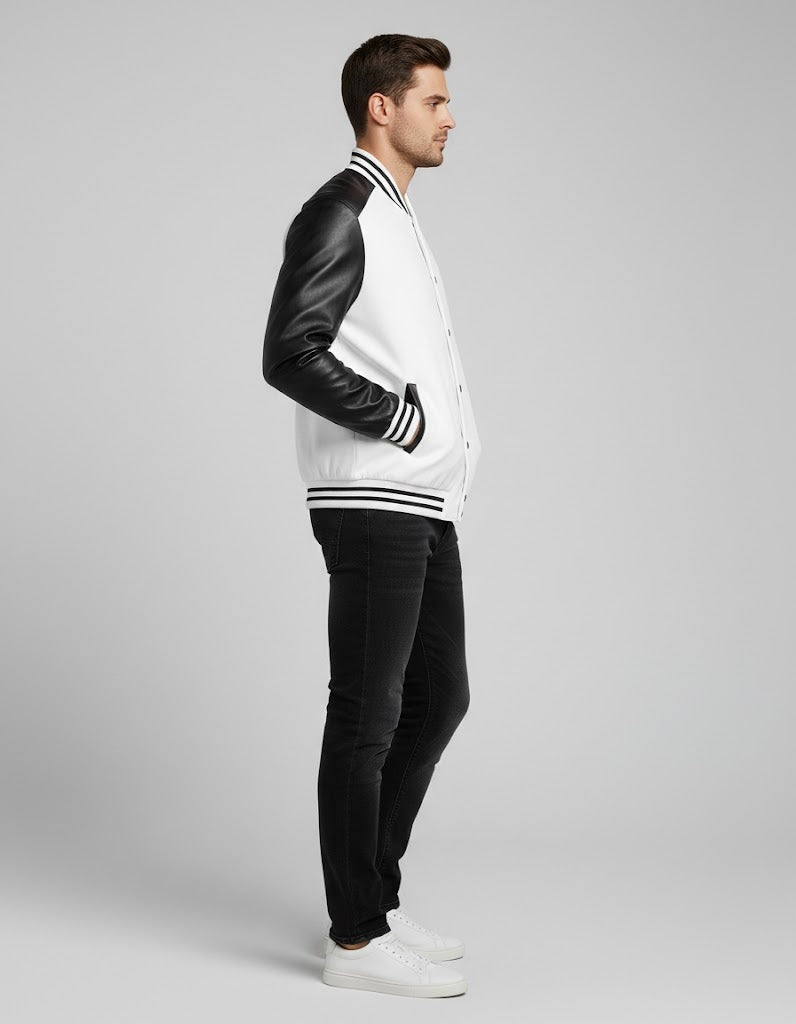 white body black leather sleeves varsity jacket men
