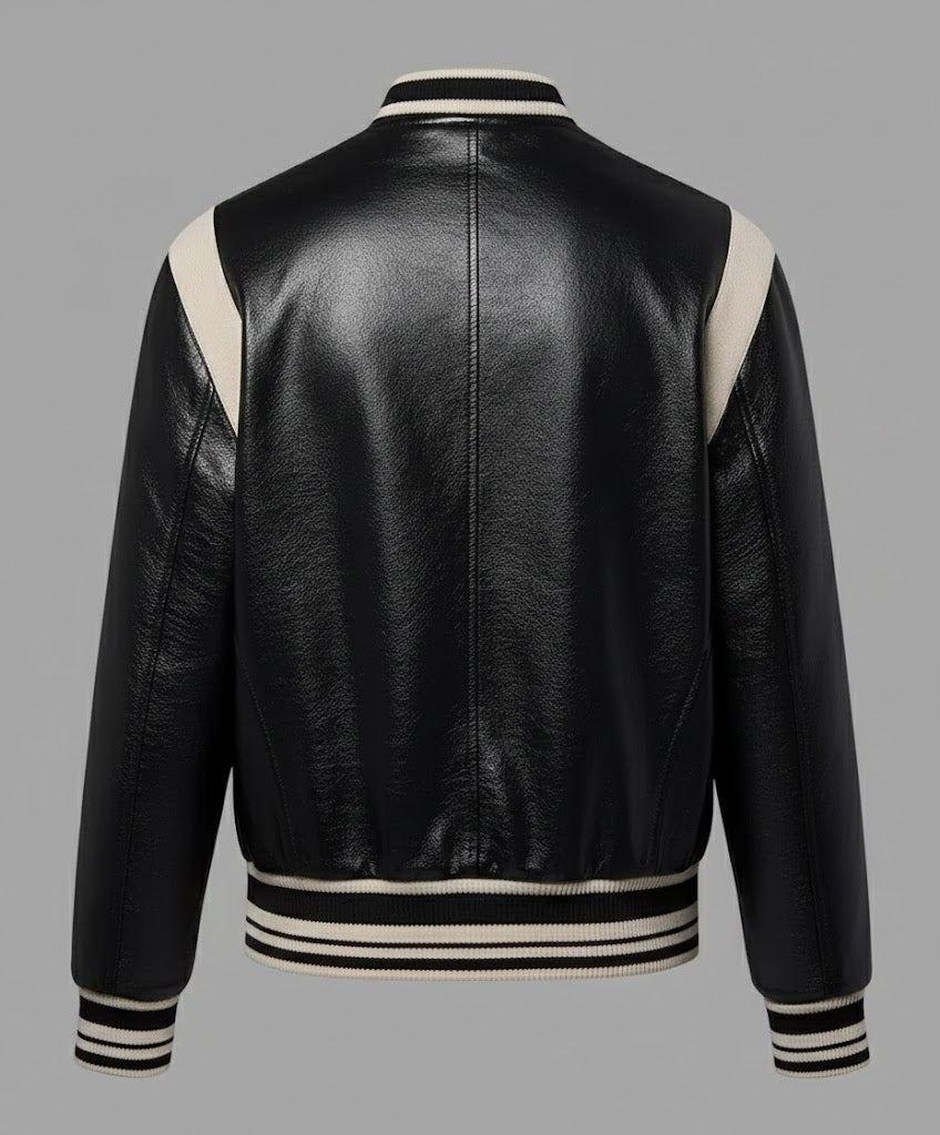 women black leather varsity jacket