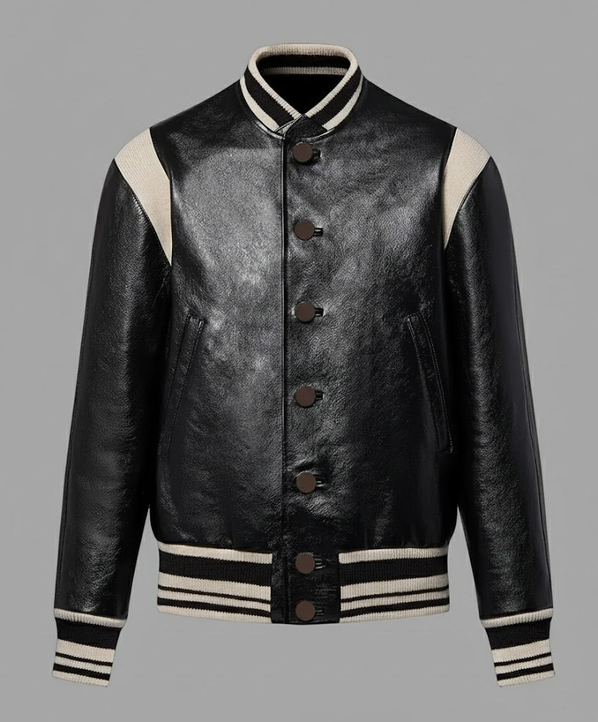 women black leather varsity jacket