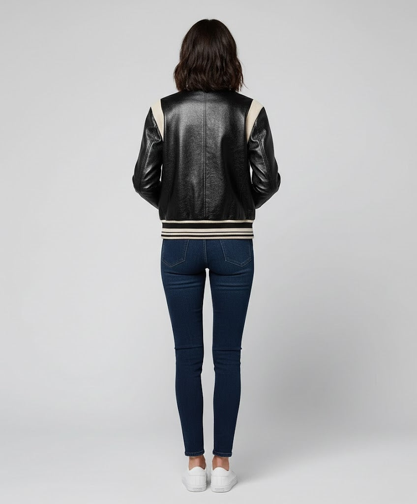 women black leather varsity jacket