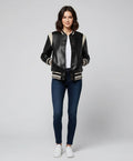 women black leather varsity jacket