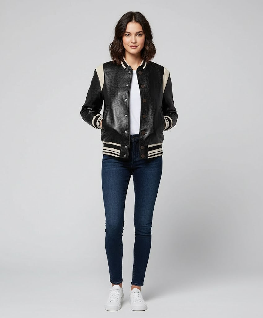 women black leather varsity jacket