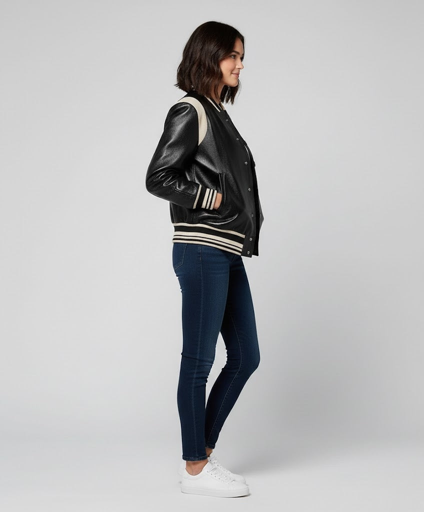 women black leather varsity jacket